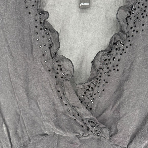 Vtg Womens Whimsigoth Y2K Babydoll Silk Beaded Ruffle Wrap Top Black Tie Front - Picture 7 of 8